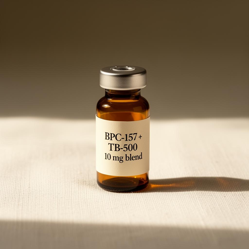 Single vial of BPC157+TB500 combination on a neutral surface