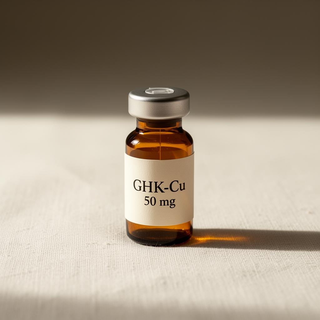 Vial of GHK50 on a neutral surface