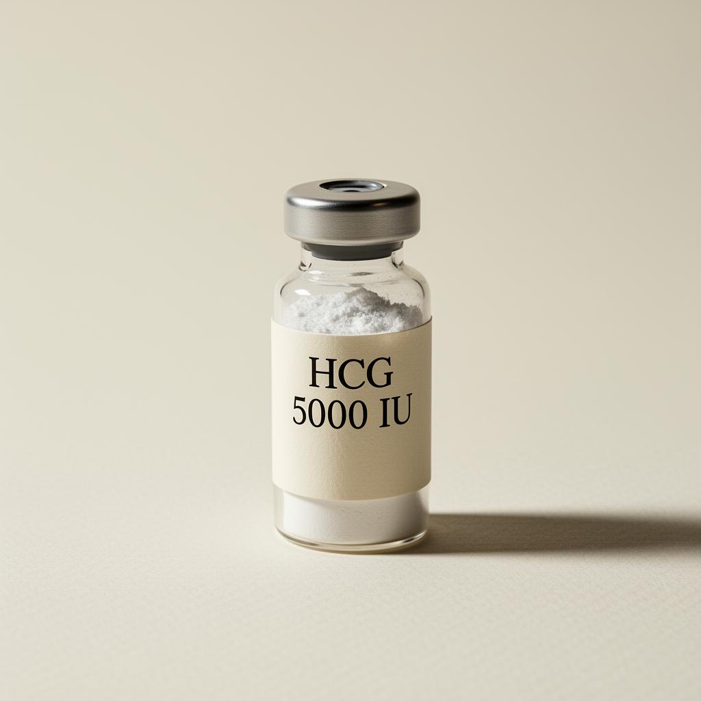 Vial of HCG on a neutral surface