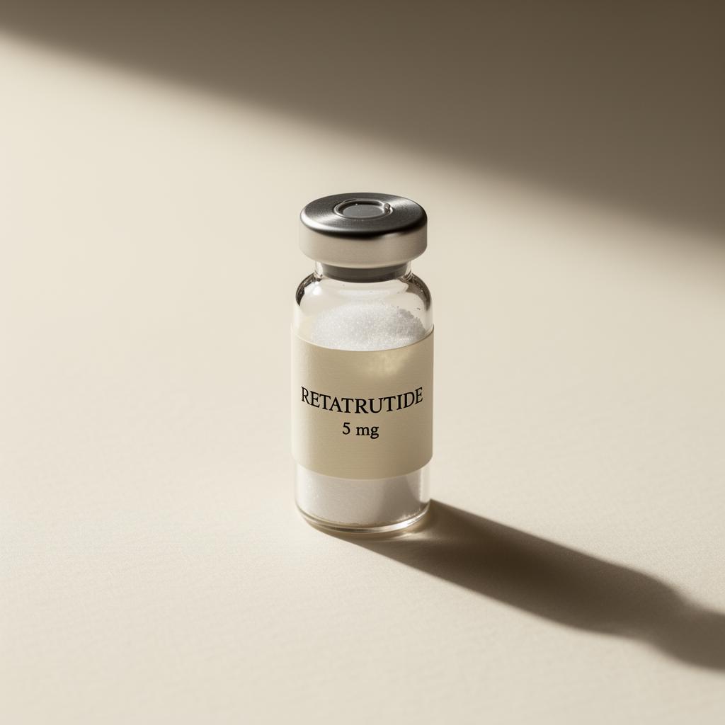 Vial of Retatrutide on a neutral surface